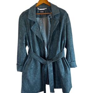 Dennis Basso Printed Faux Suede Belted Trench Coat Green Womens Size Large